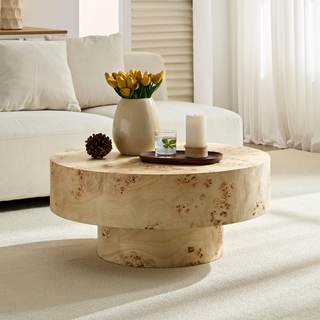 31.49'' Round Coffee Table Modern Wood Coffee Table for Living Room, Contemporary Circle Fluted Drum Pedestal 