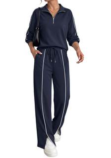 BTFBM 2 Piece Sets for Women Lounge Set Fall Outfits 2026 | 2 Piece Outfits,Long Sleeve,Solid,Half Zip,Wide Le