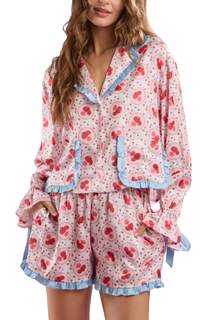 LILTWIST Cute Bow Pajamas for Women Silk Satin Y2k Floral Print 2 Piece Pjs Bow Tie Long Sleeve Shirt and Ruff