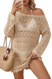 Arach&Cloz Women's 100% Cotton Oversized Swimsuit Cover Up Off Shoulder Boat Neck Breathable Beach Crochet Sum