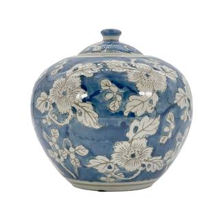 Galt International 8" Blue and White Floral Chinoiserie Jar w/Lid Decorative Ginger Jar Centerpiece Tea Storag