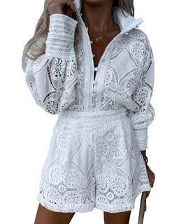 SOMTHRON Womens Eyelet Lace Two Piece Outfits Blouse Tops Shorts Set | Floral Embroidery, Hollow Out, Button D