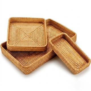 Rattan Serving Tray Set of 3, Rectangular Woven Tray, Natural Wicker Decorative Serving Tray, CoffeeTabletop V