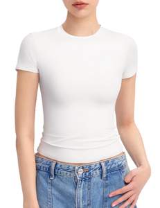 PUMIEY Women's Crew Neck Short Sleeve Tops Double Lined Slim Fit T Shirts Basic Tee Smoke Cloud Pro Collection