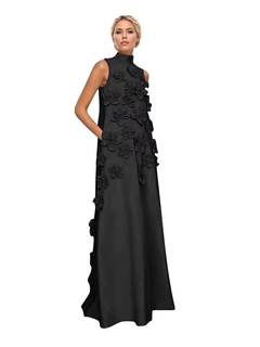 3D Flowers Satin Mother of the Bride Dress | Tie Back A-Line Wedding Guest Gowns with Pockets for Women, Sleev