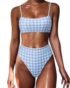 MOSHENGQI Women High Wasited Bikini Shoulder Strap 2 Piece High Cut String Swimsuits Small 64 Blue Gingham