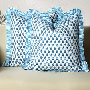 CPC Block Print Ruffle Throw Cover Apatite Blue 18"x18" Inch Pack of 2-100% Cotton Ruffle Couch Decorative Boh