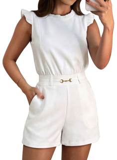 Pink Queen Sumemr Rompers for Women 2026 Ruffle Sleeve Crew Neck Short Jumpsuits Summer Outfits with Pockets S