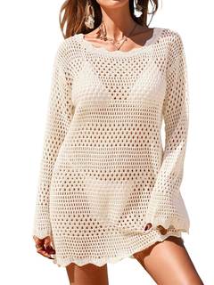 BreathSunny Women's Crochet Swimsuit Beach Cover Up Mini Dress | Long Sleeve, Mesh Knit, Bathing Suit Swim Cov