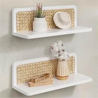 White Rattan Wall Shelf, Boho Floating Shelves, 16 Inch | Decorative Display for Plants and Photos, for Living