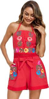 Rompers for Women Summer Boho Embroidered Floral Sleeveless Halter Flowy Casual Tank Top Short Jumpsuit