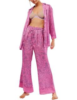 Yimoon Satin Pajama Set for Women Silk Pajamas Set 2 Piece Floral Cute Pj Set Long Sleeve Pjs Sleepwear Rosere