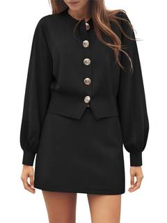 Tankaneo Womens Skirt 2 Piece Sweater Set Crewneck Button Up Cardigan Mini Skirt Trendy Casual Lounge Sets Bla