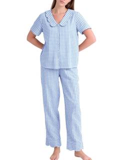 Kissonic Womens Gingham Pajama Set Soft Cotton Pjs Matching Set | Scalloped Edge Collar, Short Sleeve, Long Pa