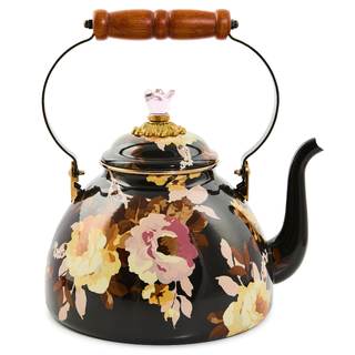 MACKENZIE-CHILDS Tea Kettle, 3 Quarts, Wild Rose Brown | Hand-applied design, made from enameled steel with a 