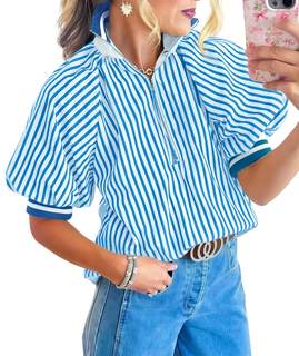 Womens Striped Half Zip Short Puff Sleeve Shirts | Loose Fit, Color Block, Knit Collared Blouse Small Blue
