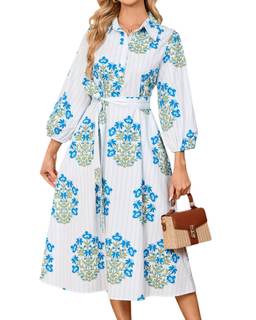 Womens Floral Midi Shirt Dress Summer Casual Button Down A-Line Dress 3/4 Puff Sleeve Belted Dresses with Pock