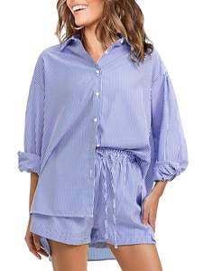 EXLURA Womens 2 Piece Sets Summer Cotton Long Sleeve Shirts Matching Shorts | Beach Vacation Outfits, Casual, 