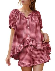 Flygo Cotton Pajamas for Women Gingham Set Lounge Sets | 100% Cotton, Plaid, Babydoll Top, Relaxed Fit, Puff S