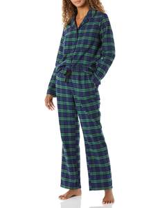 Amazon Essentials Women's Flannel Long-Sleeve Button Front Shirt and Pant Pajama Set Small Cobalt Blue Green B