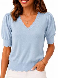 Short Sleeve Sweater for Women Pullover Knit Tops Scalloped V-Neck Puff Sleeve 2026 Light Blue Small