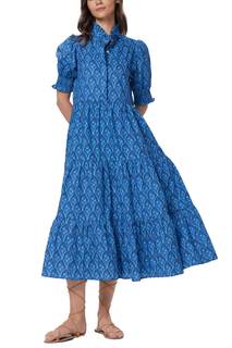 D-Sun Women Floral V-Neck Maxi Dress Button Down Printed Short Puff Sleeve Tiered Collared Flowy Elegant Long 