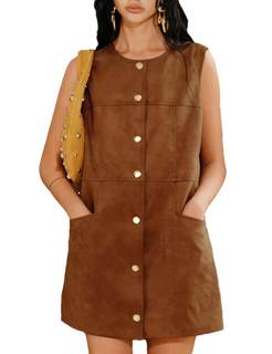 Bozanly Women's Vintage Suede Mini Pinafore Dress Crew Neck Button Down Fall Overall Dresses Trendy Outfits