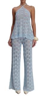 Knit Set Two Piece Sets for Women Dressy Halter Sleeveless Tops with Flared Pants Cruise Dinner Outfits Blue X