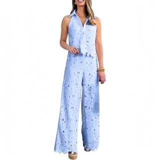 Lace Two Piece Outfits for Women Pants Set Floral Lace Lapel Vest Top Tank Crop Top with Wide Leg Pants Suits 