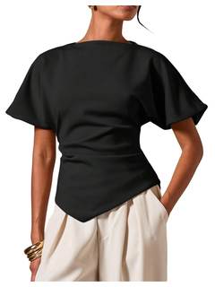 SHENHE Women's Short Sleeve Dolman Shirt Ruched Cinched Waist Asymmetrical Dressy Going Out Top X-Small Black