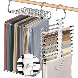 9 Layers Pants Hangers Space Saving Non-Slip Closet Organizer 2 Pack | Metal Space Saving Hangers Multi-Layer 