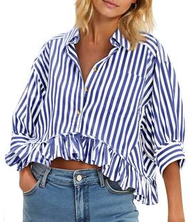 Cicy Bell Womens Cropped Striped Button Down Shirts Ruffle 3/4 Length Tops | Dressy Casual Blouses,Summer V Ne