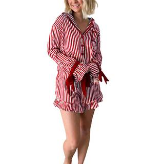 KOSUSANILL Christmas Pajamas Set for Women Cute Santa Nutcracker Button Down Shirt Long Sleeve Shorts Pjs Set 
