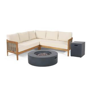 Christopher Knight Home Burchett Outdoor 5 Seater Sectional Sofa Chat Set with Fire Pit - Acacia Wood and Roun