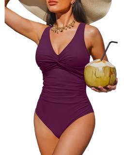 Women's Tummy Control One Piece Swimsuit Push Up Full Coverage Bathing Suit | V-Neck Twist Front, Low-Back Des