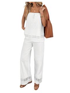 MakeMeChic 2 Piece Sets for Women Outfit Summer Vacation Lace Matching Set | Wide Leg Pants Set, Spaghetti Str