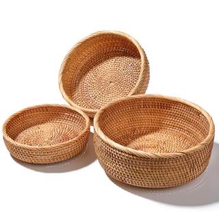 Rattan Bread Basket Set 3, Handwoven Serving Bowls | Honey brown, round wicker, fruit snack bread basket, key 