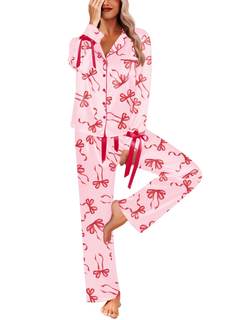 Ekouaer Women Classic Button Down Long Satin Pajamas Set Cute Bow Sleepwear | Silk Pyjama,Contrast Bow-tie Lou