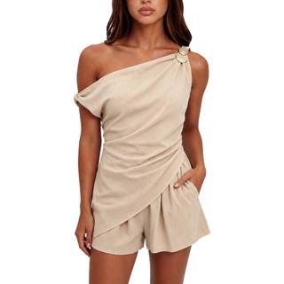 MAKABO Women's 2 Piece Short Pants Sets Casual Summer Asymmetrical Outfits | One Shoulder Top, Wide Leg Short 