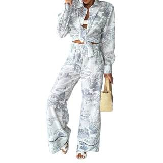 Women's Summer Print Two Piece Pajama Set Short Sleeve Outfits Button Down Tops Drawstring Long Pants Sleepwea
