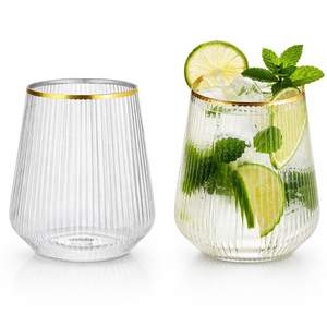 40 Pack 12oz Ribbed Gold Rim Disposable Wine Glasses, Plastic Cocktail Cup | Oojami Stemless Champagne Whiskey