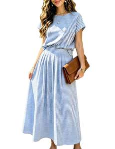 Zontroldy Casual 2 Piece Outfits Striped Cap Sleeve Skirt Sets for Women Small Blue