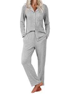 Ekouaer Womens Ribbed Knit Pajama Sets 2 Piece Lounge Set Long Sleeve Button Down Pjs Sleepwear Set with Pocke