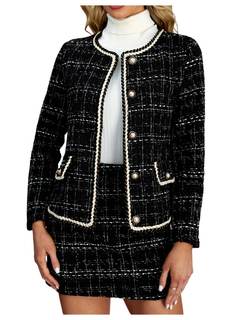 Women's 2 Piece Outfits Plaid Button Front Long Sleeve Tweed Jacket and Mini Skirt Elegant Set Large Black