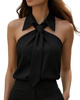 Women Blouse Tie-Neck Halter Sleeveless Shirt Slim Fit Top Off Shoulder Casual Pullover Black Medium