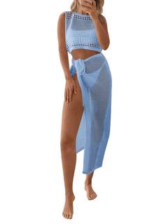 Fisoew Womens Crochet Swim Cover Ups 2 Piece Sleeveless Crop Tops Beach Wrap Skirt Hollow Out Boho Coverup Set