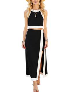 2 Piece Sets for Women Summer Sleeveless Skirt Sets Outfits Color Block Crewneck Skort Set with Pockets