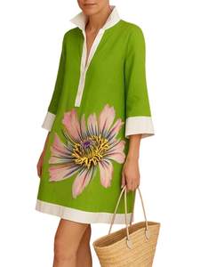 UOOZEE Summer Dresses for Women Casual Shirt Dress 3/4 Quarter Long Sleeve Printed Work Dress Green Large