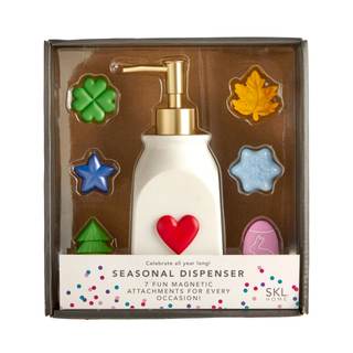 SKL Home Seasonal Soap/Lotion Dispenser Gift Set with 7 Interchangeable Magnetic Holiday Attachments, Refillab