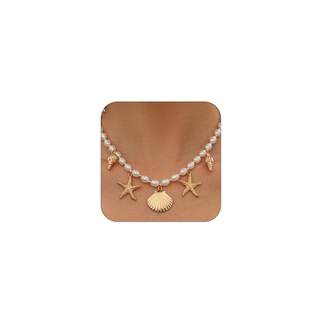 Gold Starfish Conch Oval Pearl SeaShell Necklace for Women Trendy, Statement Boho Shell Pearls Beaded Chain Ne